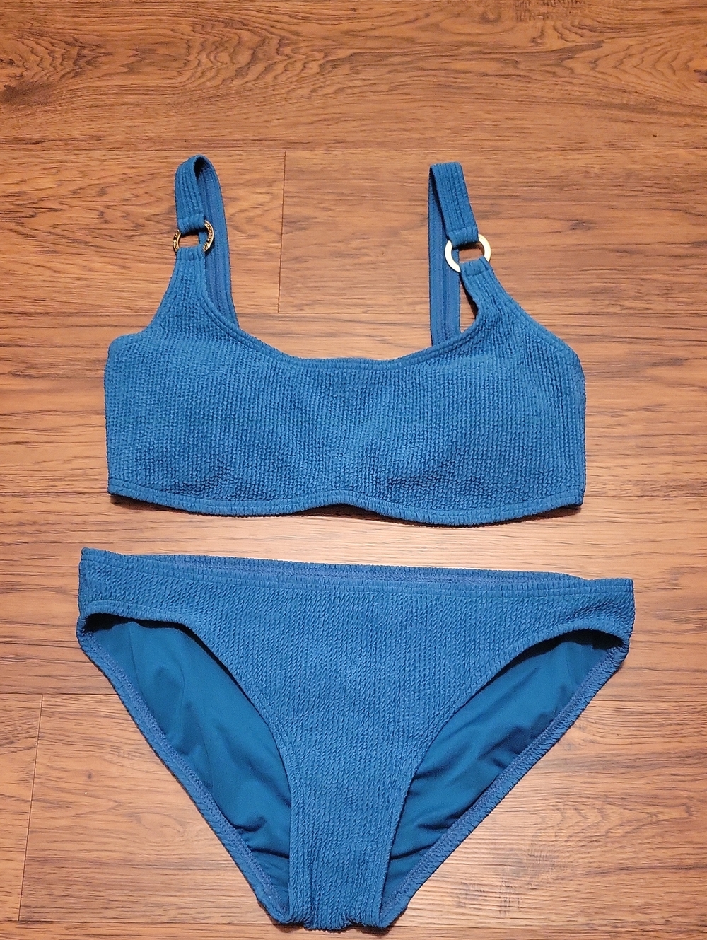MICHAEL Michael Kors Textured Blue Bikini with Gold Ring Accents